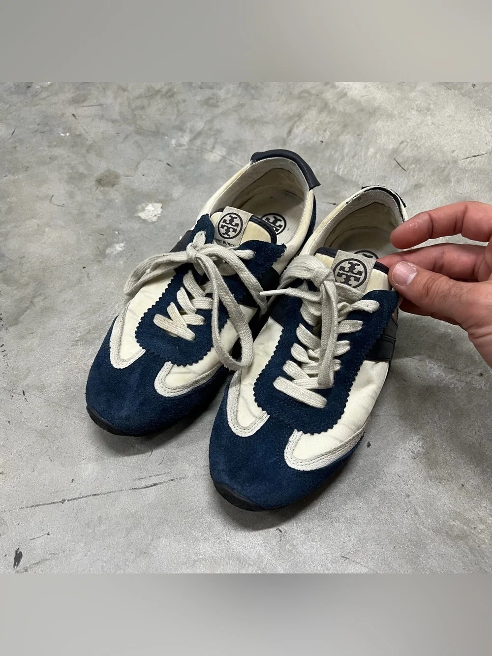 Tory Burch Tory Sneaker Navy White Blue Nylon Suede Women's Size 7 READ DESCRIPT